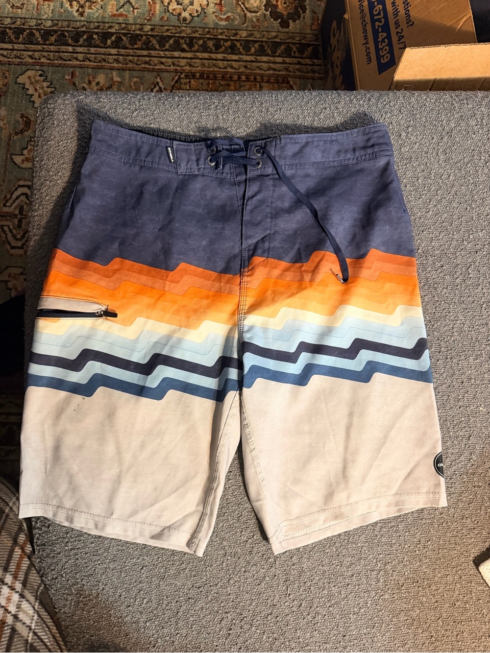 Men's Blue & Orange Wave-Stripe Swim Trunks